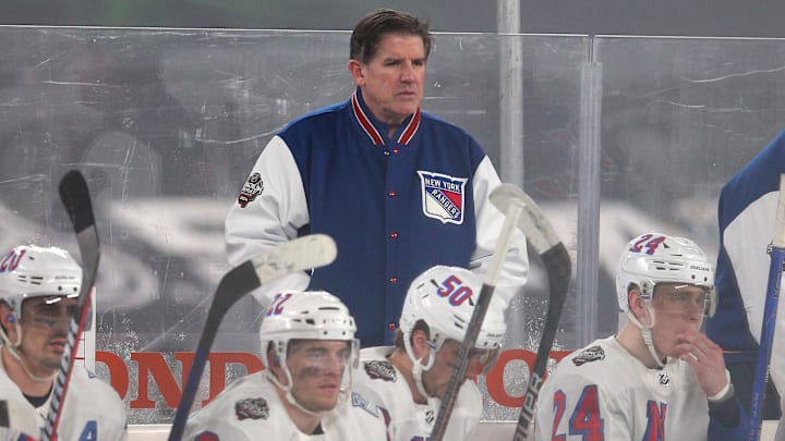 Feb 18, 2024; East Rutherford, New Jersey, USA; New York Rangers head coach Peter Laviolette coaches against the New York Islanders during the third period of a Stadium Series ice hockey game at MetLife Stadium. Mandatory Credit: Brad Penner-Imagn Images Feb 18, 2024; East Rutherford, New Jersey, USA; New York Rangers head coach Peter Laviolette coaches against the New York Islanders during the third period of a Stadium Series ice hockey game at MetLife Stadium. Mandatory Credit: Brad Penner-Imagn Images