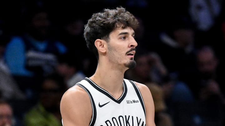 Nov 3, 2025; Brooklyn, New York, USA; Brooklyn Nets guard Ben Saraf (77) during a game against the Minnesota Timberwolves at Barclays Center. Mandatory Credit: John Jones-Imagn Images