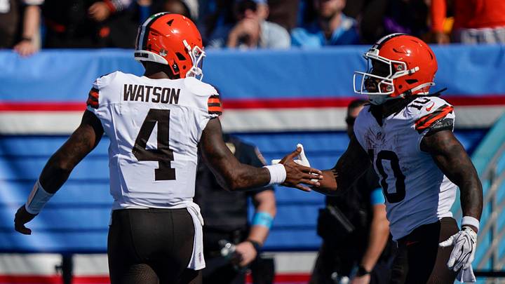 Cleveland Browns running back Quinshon Judkins (10) celebrates his touchdown with quarterback Deshaun Watson (4) during the second quarter against the Tennessee Titans at Nissan Stadium in Nashville, Tenn., Sunday, Oct. 25, 2026.