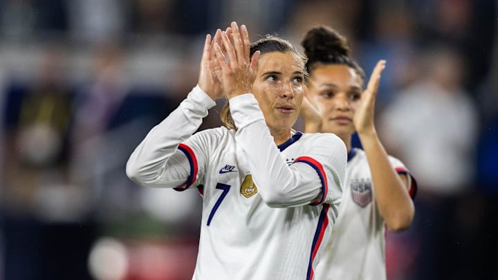 United States midfielder Tobin Heath (7) reacts after an international friendly soccer match against Paraguay at TQL Stadium.