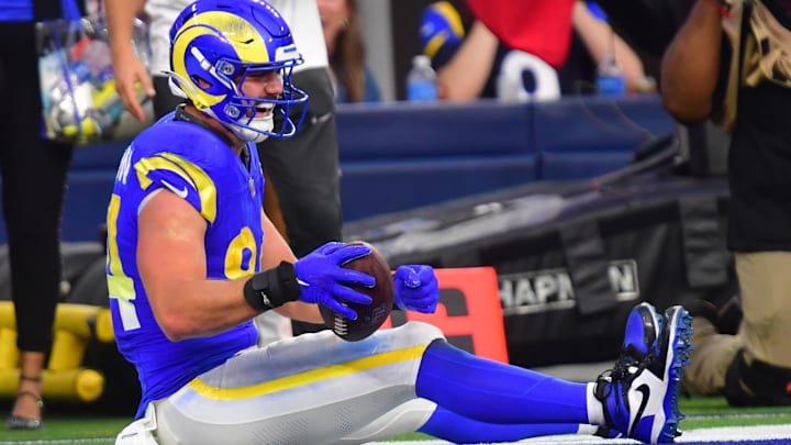 Dec 14, 2025; Inglewood, California, USA; Los Angeles Rams tight end Colby Parkinson (84) celebrates after a touchdown during the third quarter against the Detroit Lions at SoFi Stadium. Mandatory Credit: Gary A. Vasquez-Imagn Images Dec 14, 2025; Inglewood, California, USA; Los Angeles Rams tight end Colby Parkinson (84) celebrates after a touchdown during the third quarter against the Detroit Lions at SoFi Stadium. Mandatory Credit: Gary A. Vasquez-Imagn Images