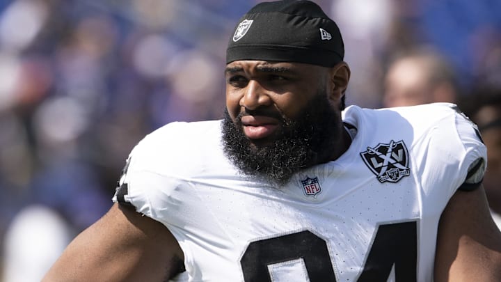 Las Vegas Raiders defensive tackle Christian Wilkins (94) before the game against the Baltimore Ravens at M&T Bank Stadium.