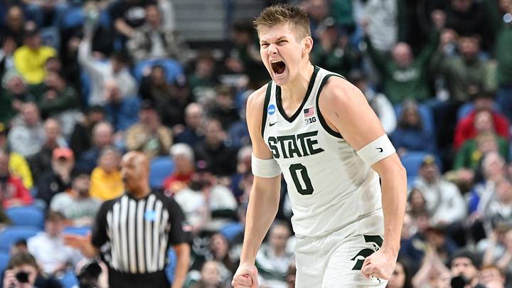 Mar 19, 2026; Buffalo, NY, USA; Michigan State Spartans forward Jaxon Kohler (0) reacts to a play during the first half against the North Dakota State Bison during a first round game of the men's 2026 NCAA Tournament at Keybank Center. Mandatory Credit: Mark Konezny-Imagn Images