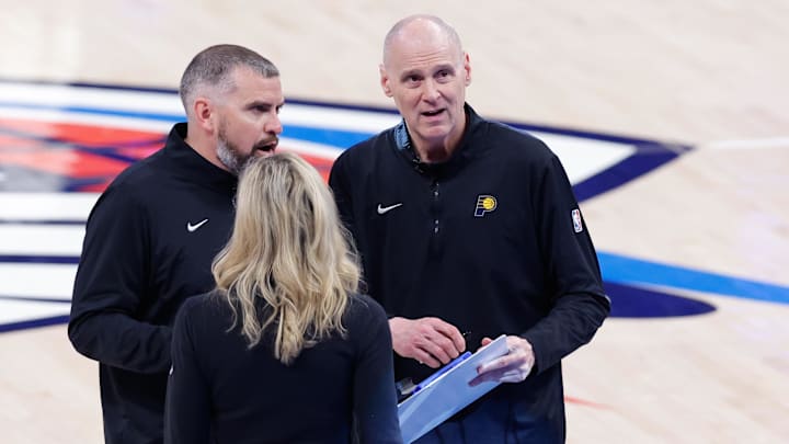 Jun 22, 2025; Oklahoma City, Oklahoma, USA; Indiana Pacers head coach Rick Carlisle looks on during the second half of game seven of the 2025 NBA Finals against the Oklahoma City Thunder at Paycom Center. Mandatory Credit: Alonzo Adams-Imagn Images