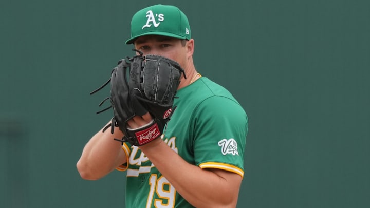 Jun 8, 2025; West Sacramento, California, USA; Athletics pitcher Mason Miller (19) stands on the mound during the ninth inning against the Baltimore Orioles at Sutter Health Park. Mandatory Credit: Darren Yamashita-Imagn Images