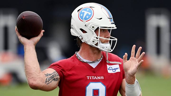 Tennessee Titans quarterback Will Levis (8) throws a pass during training camp practice at Vanderbilt Health Football Center Saturday, August 1, 2026, in Nashville, Tenn.