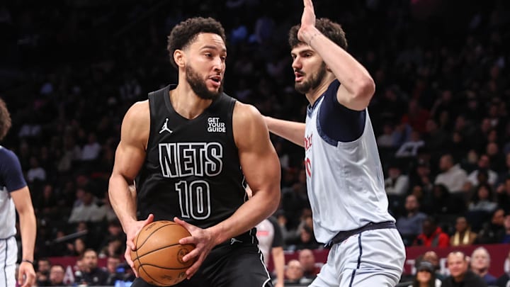 Feb 5, 2025; Brooklyn, New York, USA;  Brooklyn Nets guard Ben Simmons (10) looks to post up against Washington Wizards forward Tristan Vukcevic (00) in the third quarter at Barclays Center. Mandatory Credit: Wendell Cruz-Imagn Images