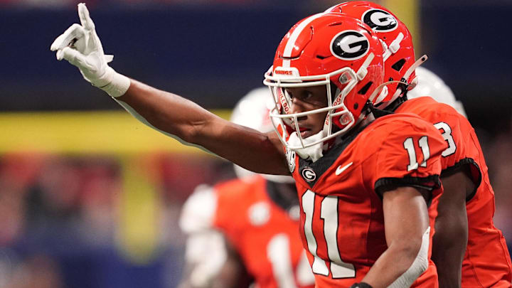 Dec 7, 2024; Atlanta, GA, USA; Georgia Bulldogs linebacker Jalon Walker (11) reacts against the Texas Longhorns during the first half in the 2024 SEC Championship game at Mercedes-Benz Stadium. Mandatory Credit: Dale Zanine-Imagn Images