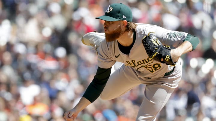 Apr 6, 2024; Detroit, Michigan, USA; Oakland Athletics starting pitcher Paul Blackburn (58) throws Apr 6, 2024; Detroit, Michigan, USA; Oakland Athletics starting pitcher Paul Blackburn (58) throws