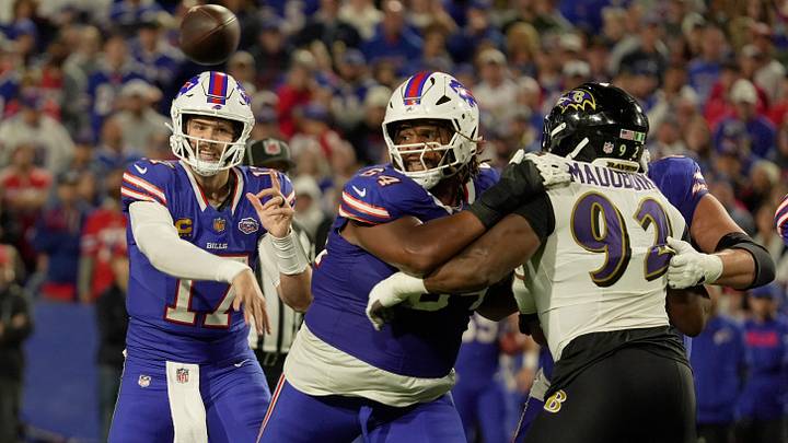 Buffalo Bills' quarterback Josh Allen fires off a pass to running back James Cook during the second half of a game against the Baltimore Ravens at the old Highmark Stadium in Orchard Park on Sept. 7, 2025. Buffalo Bills' quarterback Josh Allen fires off a pass to running back James Cook during the second half of a game against the Baltimore Ravens at the old Highmark Stadium in Orchard Park on Sept. 7, 2025.