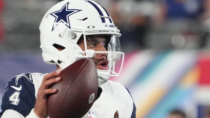 Dallas Cowboys quarterback Dak Prescott pre-game before the game against the New York Giants at MetLife Stadium. 