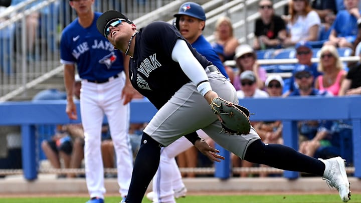 Feb 26, 2023; Dunedin, Florida, USA; New York Yankees first baseman Andres Chaparro (87) attempts to