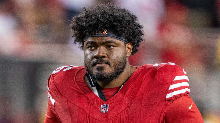 August 19, 2023; Santa Clara, California, USA; San Francisco 49ers guard Jaylon Moore (76) after the game against the Denver Broncos at Levi's Stadium. Mandatory Credit: Kyle Terada-Imagn Images