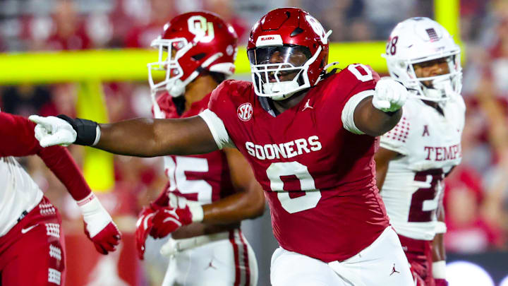 Oklahoma Sooners defensive lineman David Stone reacts after making a play against Temple.