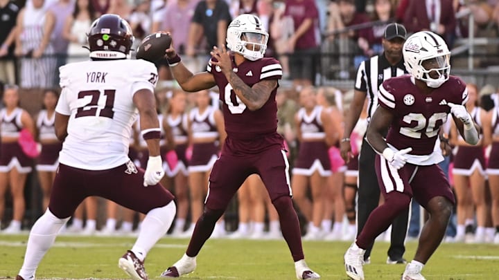 Oct 19, 2024; Starkville, Mississippi, USA; Mississippi State Bulldogs quarterback Michael Van Buren Jr. (0) throws a pass against the Texas A&M Aggies during the third quarter at Davis Wade Stadium at Scott Field. Mandatory Credit: Matt Bush-Imagn Images