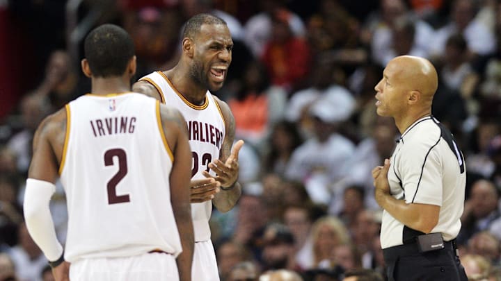 Apr 17, 2017; Cleveland, OH, USA; Cleveland Cavaliers forward LeBron James (23) argues with referee Marc Davis (8) during the second half in game two of the first round of the 2017 NBA Playoffs at Quicken Loans Arena. The Cavs won 117-111. James was called for a technical foul. Mandatory Credit: Ken Blaze-Imagn Images Apr 17, 2017; Cleveland, OH, USA; Cleveland Cavaliers forward LeBron James (23) argues with referee Marc Davis (8) during the second half in game two of the first round of the 2017 NBA Playoffs at Quicken Loans Arena. The Cavs won 117-111. James was called for a technical foul. Mandatory Credit: Ken Blaze-Imagn Images