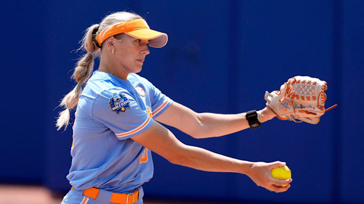 Tennessee pitcher Karlyn Pickens (23) throws a pitch during a Women's College World Series softball game between the Tennessee Volunteers and the Texas Longhorns at Devon Park in Oklahoma City, Monday, June 2, 2025. Texas won 2-0.