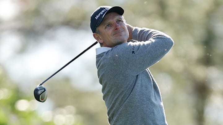 Justin Rose tees off during the second round of the 2025 Masters at Augusta National Golf Club