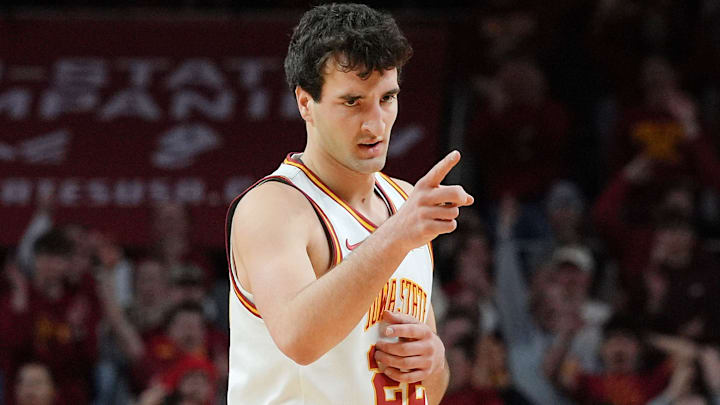 Iowa State Cyclones forward Milan Momcilovic (22) reacts after making a three-point shot against Colorado during the first half in the big-12 men’s basketball on Jan. 29, 2026, at Hilton Coliseum in Ames, Iowa.