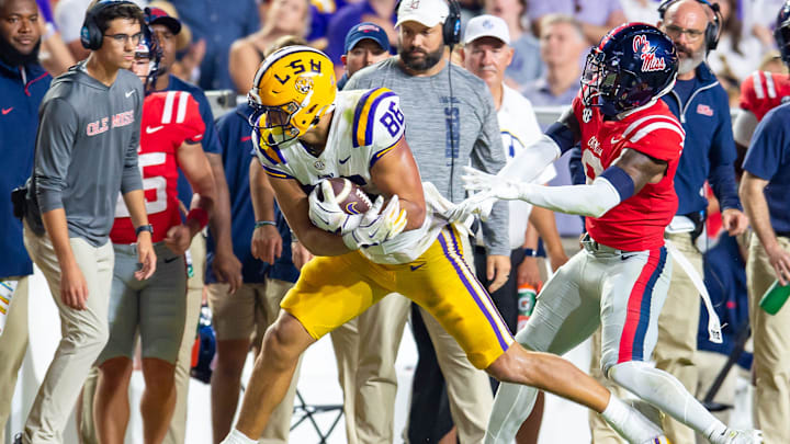 Mason Taylor 86 runs the ball as the LSU Tigers take on the Ole Miss Rebels at Tiger Stadium in Baton Rouge, LA. Saturday, Oct. 12, 2024.Saturday, Oct. 12, 2024.