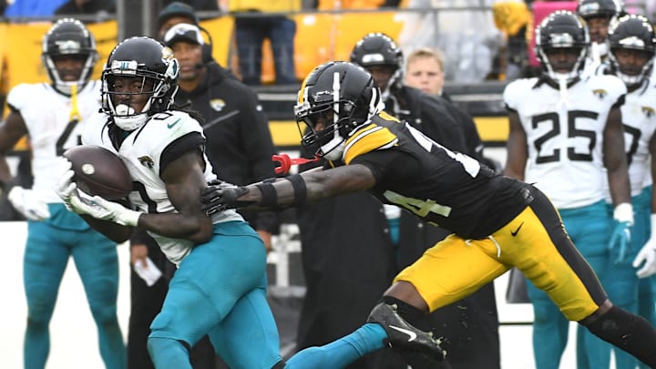 Oct 29, 2023; Pittsburgh, Pennsylvania, USA; Jacksonville Jaguars wide receiver Calvin Ridley (0).