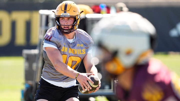 Arizona State quarterback Sam Leavitt (10) during spring football practice at Kajikawa practice fields in Tempe on Tuesday, March 25, 2025.