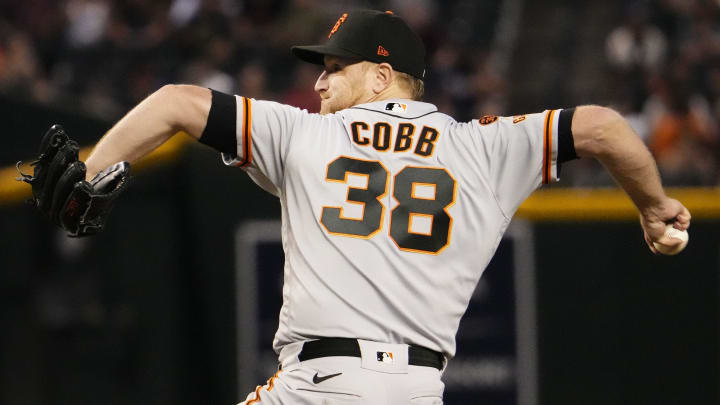 Sep 19, 2023; Phoenix, AZ, USA; San Francisco Giants starting pitcher Alex Cobb (38) throws to the Arizona Diamondbacks in the first inning at Chase Field