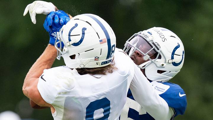 Indianapolis Colts cornerback Johnathan Edwards (35) defends a pass Monday, July 28, 2025, intended for wide receiver Landon Parker (8) during training camp held at Grand Park in Westfield. Indianapolis Colts cornerback Johnathan Edwards (35) defends a pass Monday, July 28, 2025, intended for wide receiver Landon Parker (8) during training camp held at Grand Park in Westfield.