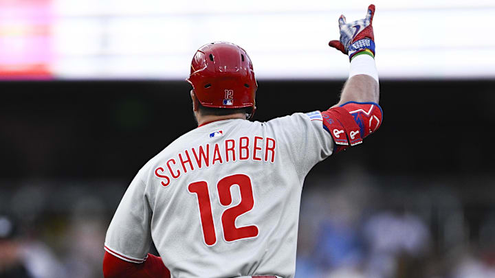 Jul 11, 2025; San Diego, California, USA; Philadelphia Phillies left fielder Kyle Schwarber (12) rounds the bases after hitting a solo home run during the third inning against the San Diego Padres at Petco Park. 