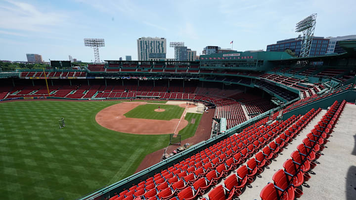 Jul 7, 2020; Boston, Massachusetts, United States; A general view of empty seats at Fenway Park during the Boston Red Sox Summer Camp. Mandatory Credit: David Butler II-Imagn Images