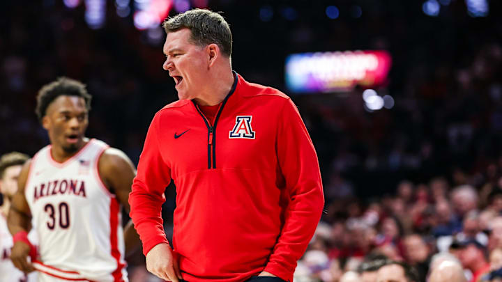 Feb 7, 2026; Tucson, Arizona, USA; Arizona Wildcats head coach Tommy Lloyd yells out to players during the first half of the game against the Oklahoma State Cowboys at McKale Memorial Center. Mandatory Credit: Aryanna Frank-Imagn Images