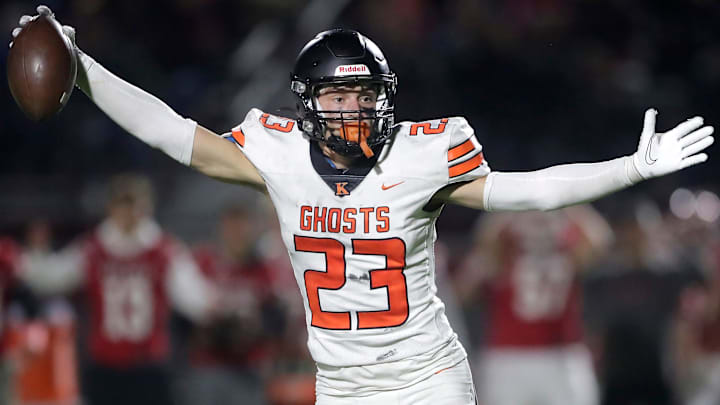 Kaukauna High School's Carson Van Dinter (23) reacts after being called down by contact following a fourth quarter interception against Neenah High School during their football game on Friday, Septmeber 8, 2023, in Neenah, Wis. Kaukauna defeated Neenah 16-9.