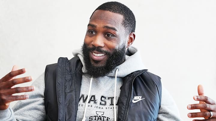 Iowa State cornerbacks coach Mike Banks talks to media during the football defensive coaches media opportunity at the university’s Stark Performance Center on Feb. 13, 2026, in Ames, Iowa.