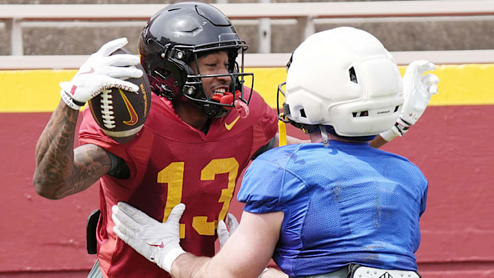 Iowa State wide receiver Cody Jackson (13) celebrates with teammates during Spring football at Jack Trice Stadium on April 25, 2026, in Ames, Iowa