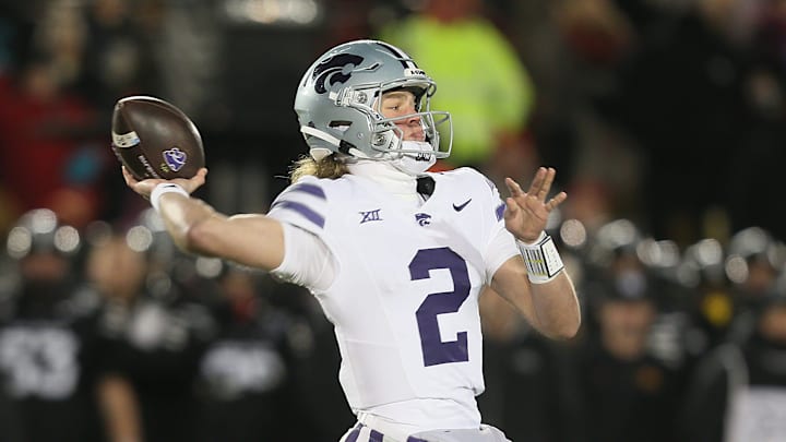 Kansas State Wildcats quarterback Avery Johnson (2) passes the ball against Iowa State during the first quarter in the NCAA football at Jack Trice Stadium on Saturday, Nov. 30, 2024, in Ames, Iowa.