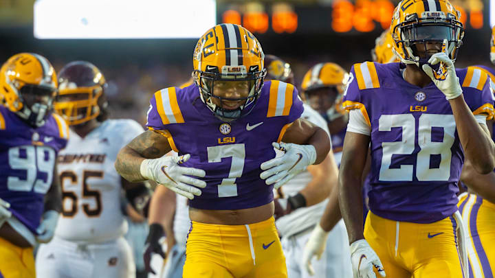 Sep 18, 2021; Baton Rouge, LA, USA; LSU Tigers cornerback Derek Stingley Jr. (7) reacts after making a tackle against the Central Michigan Chippewas at Tiger Stadium. Mandatory Credit: Scott Clause/The Advertiser via USA TODAY NETWORK Sep 18, 2021; Baton Rouge, LA, USA; LSU Tigers cornerback Derek Stingley Jr. (7) reacts after making a tackle against the Central Michigan Chippewas at Tiger Stadium. Mandatory Credit: Scott Clause/The Advertiser via USA TODAY NETWORK