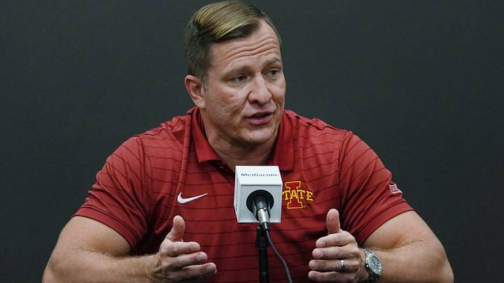 Iowa State men’s basketball head coach T.J. Otzelberger speaks with the media during the university’s men’s basketball media day at Hilton Coliseum in Ames, Iowa. (Nirmalendu Majumdar/Ames Tribune, USA TODAY Network) Iowa State men’s basketball head coach T.J. Otzelberger speaks with the media during the university’s men’s basketball media day at Hilton Coliseum in Ames, Iowa. (Nirmalendu Majumdar/Ames Tribune, USA TODAY Network)