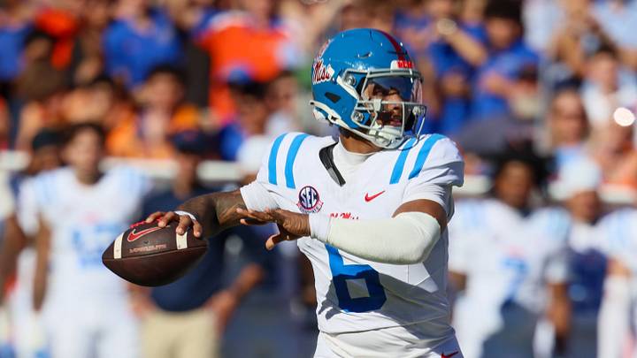 Ole Miss quarterback Trinidad Chambliss (6) passes during the first half an NCAA football game against Mississippi at Steve Spurrier Field at Ben Hill Griffin Stadium in Gainesville, FL on Saturday, September 26, 2026. [Alan Youngblood/Gainesville Sun]