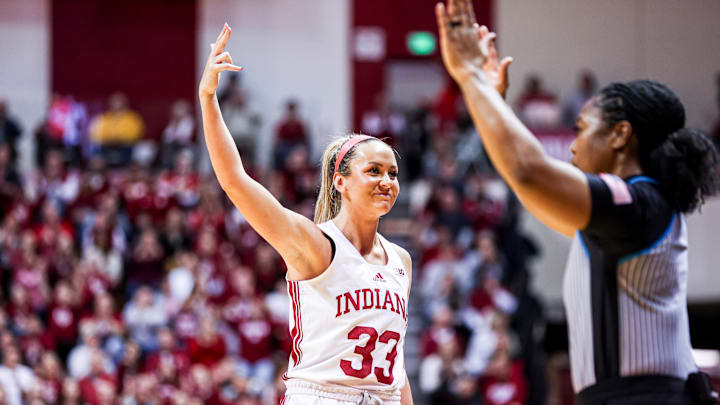 Sydney Parrish celebrates a 3-pointer during Indiana's 78-56 win over Purdue Saturday at Simon Skjodt Assembly Hall. Sydney Parrish celebrates a 3-pointer during Indiana's 78-56 win over Purdue Saturday at Simon Skjodt Assembly Hall.