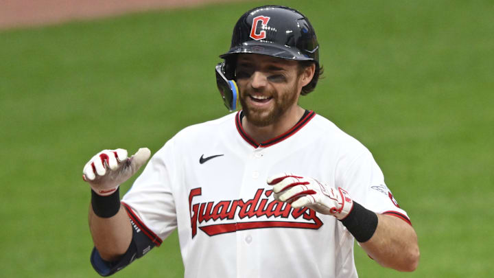 Apr 27, 2026; Cleveland, Ohio, USA; Cleveland Guardians second baseman Daniel Schneemann (10) celebrates his two-run home run in the fifth inning against the Tampa Bay Rays at Progressive Field. Mandatory Credit: David Richard-Imagn Images