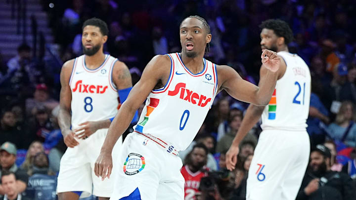 Paul George, Tyrese Maxey, Joel Embiid, Philadelphia 76ers