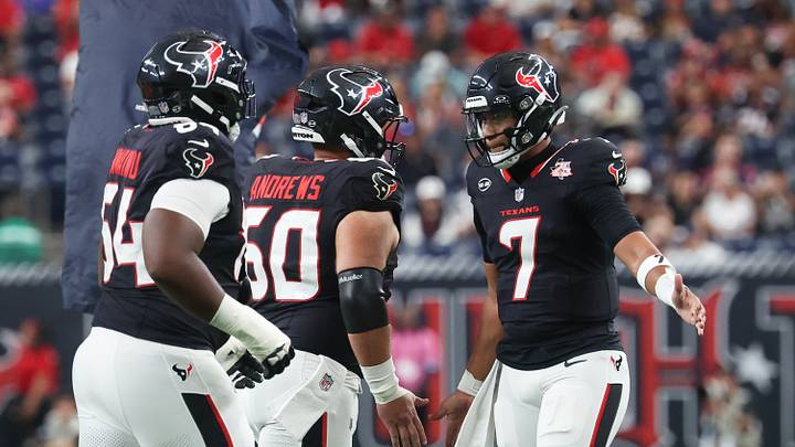 Aug 20, 2026; Houston, Texas, USA; Houston Texans quarterback C.J. Stroud (7) celebrates the one point conversion with special teams Jarrett Patterson (54) and special teams Jake Andrews (60) agains the Las Vegas Raiders in the first half at Reliant Stadium. Mandatory Credit: Thomas Shea-Imagn Images Aug 20, 2026; Houston, Texas, USA; Houston Texans quarterback C.J. Stroud (7) celebrates the one point conversion with special teams Jarrett Patterson (54) and special teams Jake Andrews (60) agains the Las Vegas Raiders in the first half at Reliant Stadium. Mandatory Credit: Thomas Shea-Imagn Images