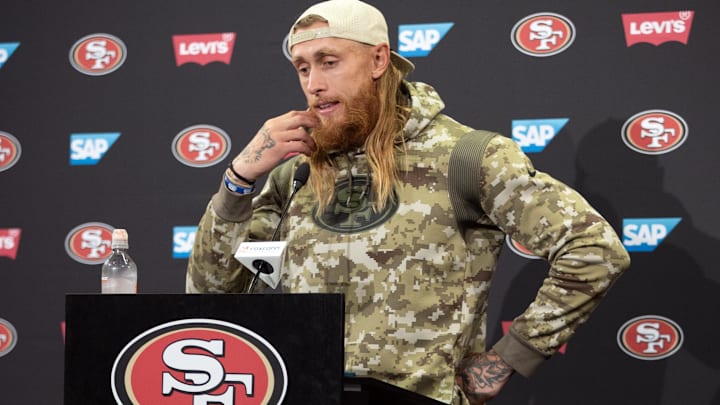 Jul 23, 2025; Santa Clara, CA, USA; San Francisco 49ers tight end George Kittle answers questions from reporters following the first day of training camp at SAP Performance Facility. Mandatory Credit: D. Ross Cameron-Imagn Images