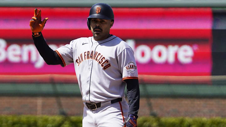 May 7, 2025; Chicago, Illinois, USA; San Francisco Giants first base LaMonte Wade Jr. (31) gestures after hittin a one run double against the Chicago Cubs during the fourth inning at Wrigley Field. Mandatory Credit: David Banks-Imagn Images