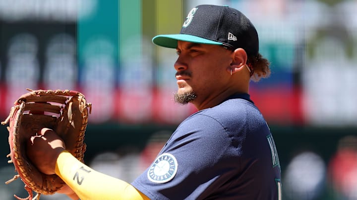 Seattle Mariners first baseman Josh Naylor looks on during a game against the Los Angeles Angels on July 27 at Angel Stadium. Seattle Mariners first baseman Josh Naylor looks on during a game against the Los Angeles Angels on July 27 at Angel Stadium.