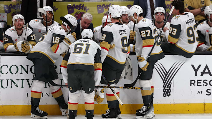 Feb 1, 2026; Anaheim, California, USA;  Vegas Golden Knights head coach Bruce Cassidy talks with his team during a timeout in the third period against the Anaheim Ducks at Honda Center. Mandatory Credit: Kiyoshi Mio-Imagn Images