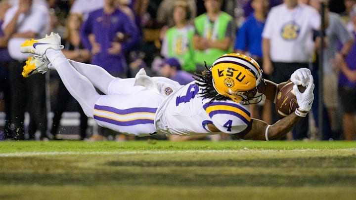 Oct 21, 2023; Baton Rouge, Louisiana, USA; LSU Tigers running back John Emery Jr. (4) is ruled just short of the end zone against the Army Black Knights during the second quarter at Tiger Stadium. Mandatory Credit: Matthew Hinton-USA TODAY Sports