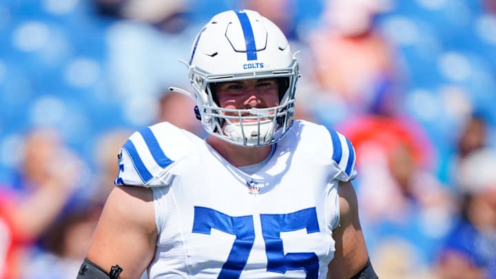 Aug 13, 2022; Orchard Park, New York, USA; Indianapolis Colts guard Will Fries (75) prior to the game against the Buffalo Bills at Highmark Stadium. Aug 13, 2022; Orchard Park, New York, USA; Indianapolis Colts guard Will Fries (75) prior to the game against the Buffalo Bills at Highmark Stadium.