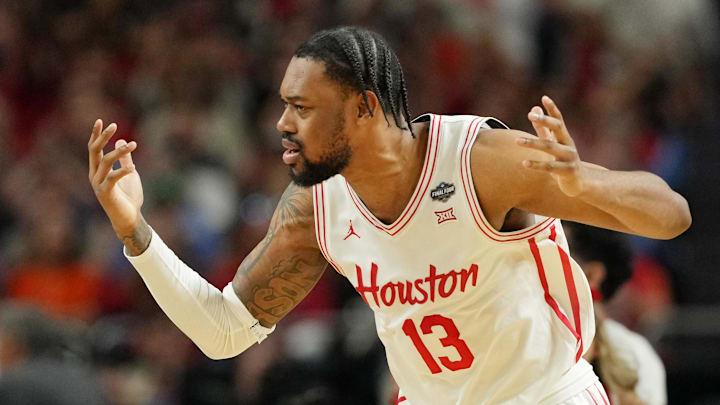 Apr 7, 2025; San Antonio, TX, USA; Houston Cougars forward J'Wan Roberts (13) reacts after a play against the Florida Gators during the second half of the national championship game of the Final Four of the 2025 NCAA Tournament at the Alamodome. Mandatory Credit: Bob Donnan-Imagn Images