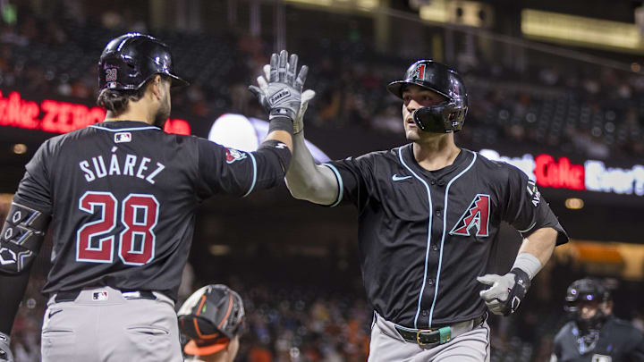 Sep 3, 2024; San Francisco, California, USA; Arizona Diamondbacks left fielder Randal Grichuk (15) is congratulated by third baseman Eugenio Suárez (28) after he hit a solo home run against the San Francisco Giants during the fifth inning at Oracle Park. Mandatory Credit: John Hefti-Imagn Images Sep 3, 2024; San Francisco, California, USA; Arizona Diamondbacks left fielder Randal Grichuk (15) is congratulated by third baseman Eugenio Suárez (28) after he hit a solo home run against the San Francisco Giants during the fifth inning at Oracle Park. Mandatory Credit: John Hefti-Imagn Images